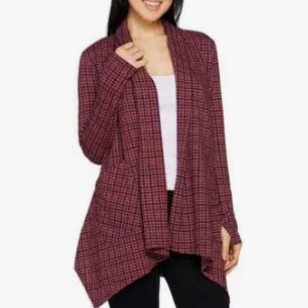 Cuddl Duds Comfortwear French Terry Cascade Cardigan Plus 2X Wine Houndstooth